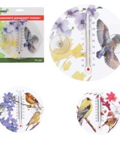 Apvalus lauko termometras su dekoratyviniu paukščių motyvu