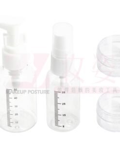 Kelioninių buteliukų rinkinys (4 dalys): 35 ml purškiklis + 50 ml pompa + 2 x 10 g kremo buteliukai