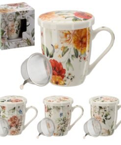 Porcelianinis puodelis su sieteliu ir dangteliu 340 ml – gėlių raštų mix