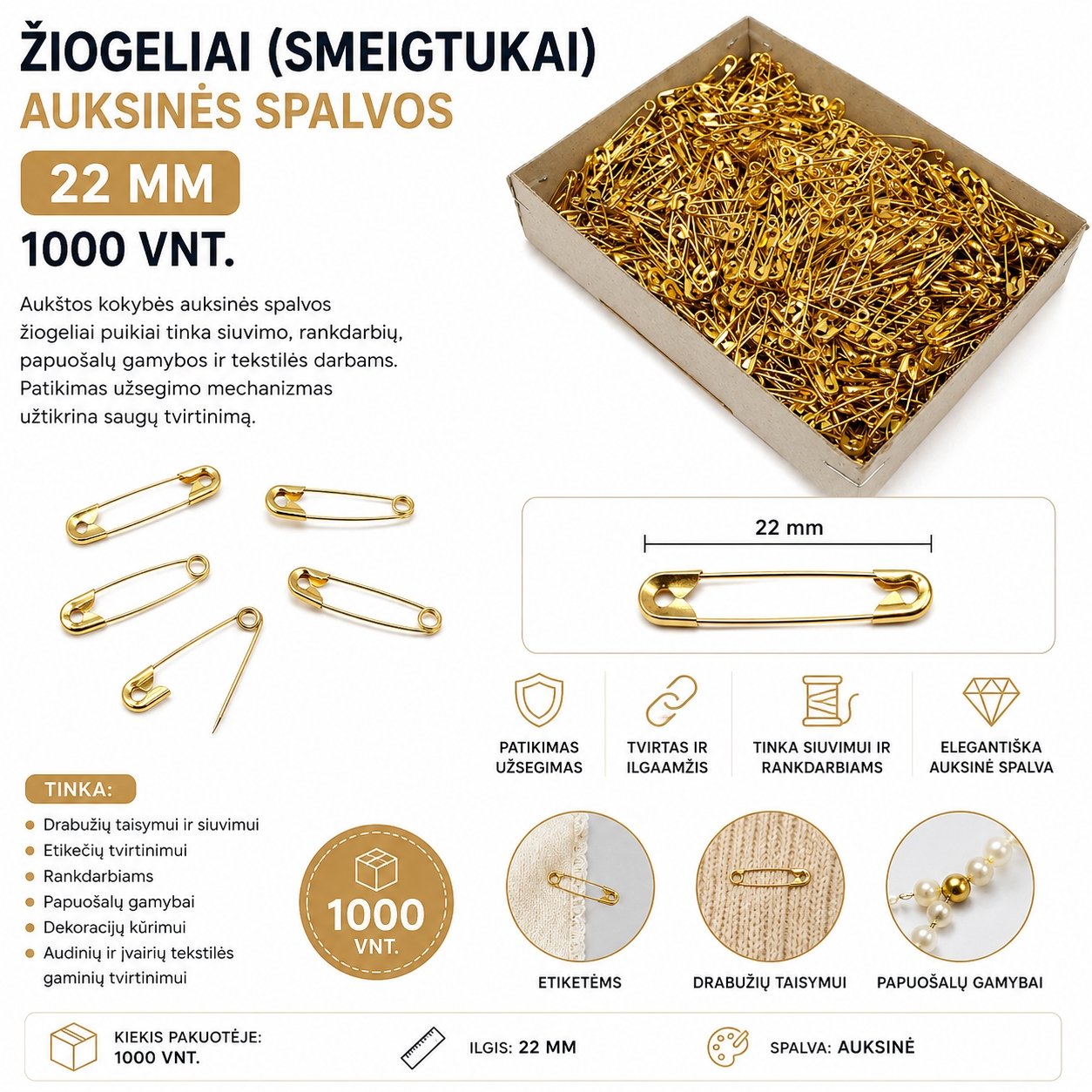 ziogeliai-smeigtukai-auksines-spalvos-22-mm-1000-vnt