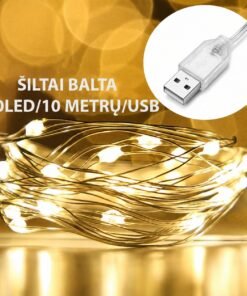 USB LED girlianda, 100 LED, 10 m, šiltai balta