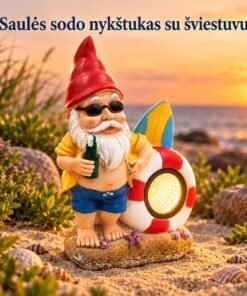 sodo nykštukas su saulės energijos šviestuvu, paplūdimio tema