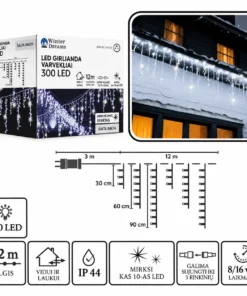 LED girlianda „Varvekliai“, 300 LED, 12 m, šaltai balta su blyksniais